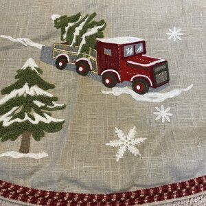 Domain Christmas Tree Skirt 53" Truck Embroidered Linen Blend Farmhouse Retro